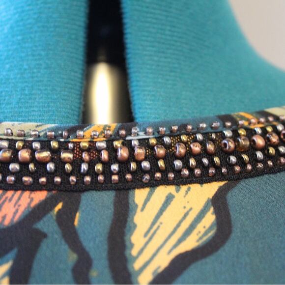 Maeve Anthropologie Teal Floral Dress Beaded Neckline | Womenβs Medium | Mini - Picture 5 of 10
